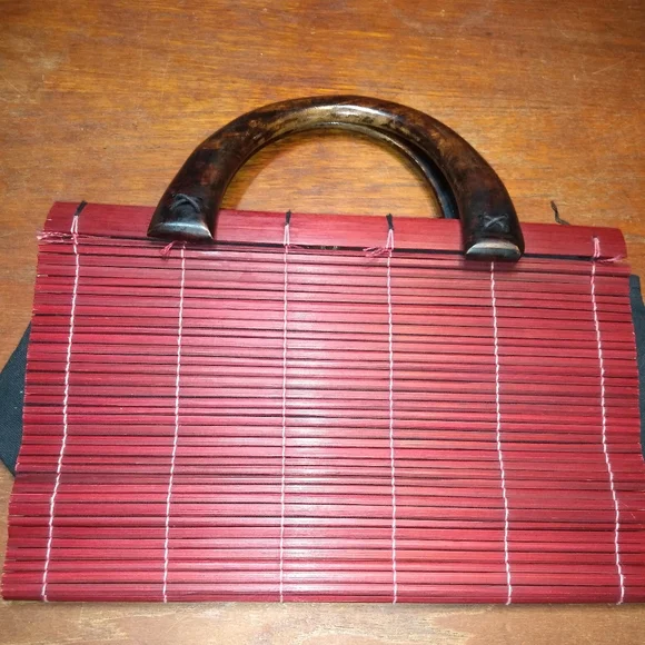 Asian Inspired Burgundy Bamboo-Look Handbag, 2 Lucite Handles, Snap Clos… - Picture 2 of 9